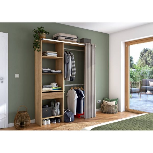 Dressing extensible à rideau 120/160x204,5x48cm Chêne clair - - Mr.Bricolage Martinique
